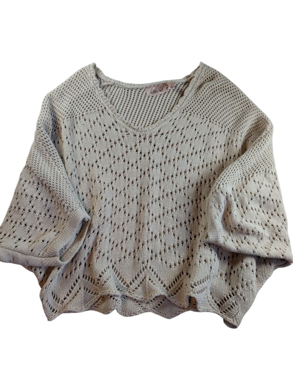 Willow & Root BUCKLE Sweater Women's L Beige Open Knit Cropped Scalloped Cotton